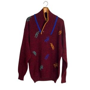 Field Brothers Men's Vintage Abstract Wool Shawl‎ Neck Sweater Red Large